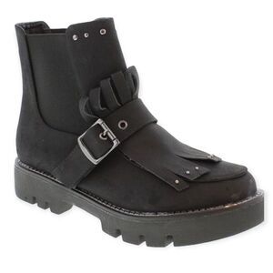 Black Buckle Studded Tassel Strap Slip On Combat Boots NEW